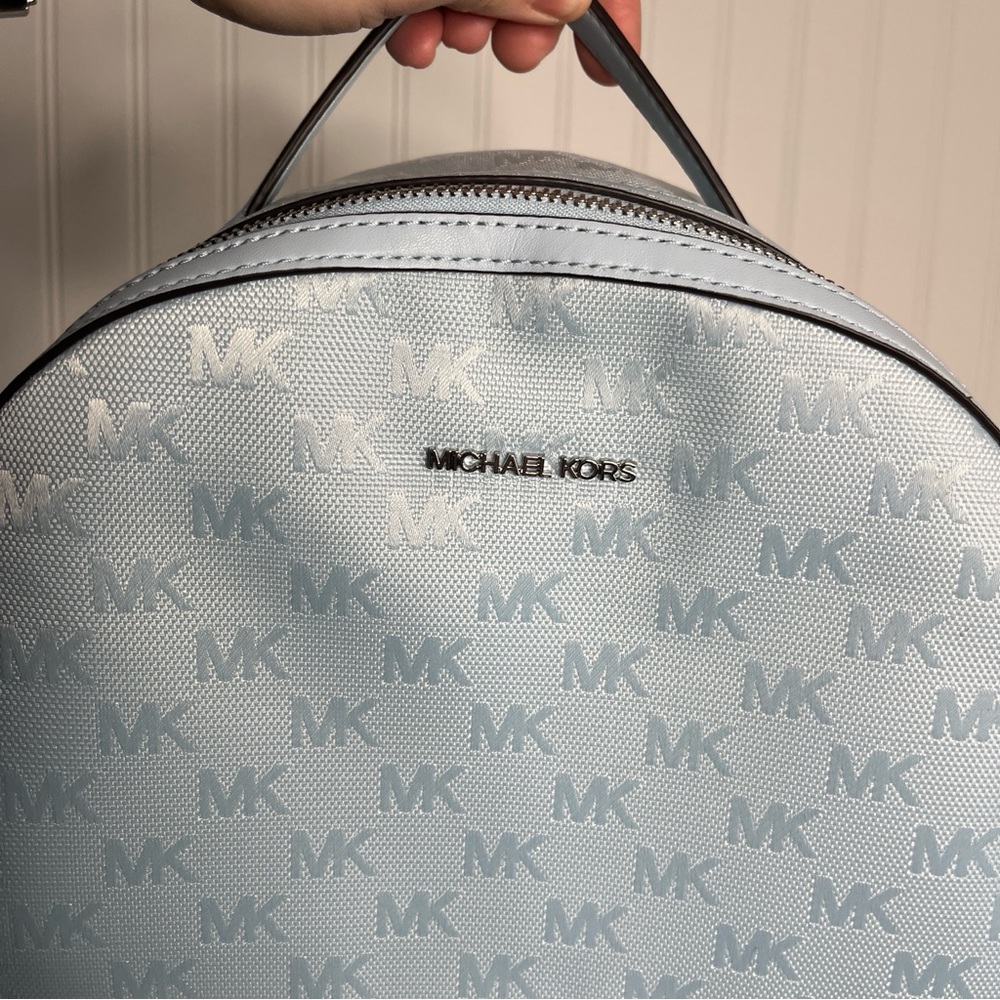 Michael Kors Sheila Large Woven Logo Nylon backpack Sky Blue Jacquard Laptop Bag - Picture 11 of 15
